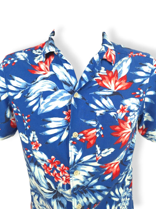 Chemise hawaïenne vintage bleue à fleurs – Taille S – 100% coton