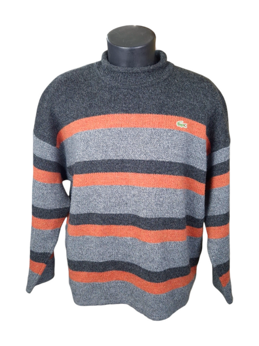 Vintage Lacoste Sweater – Chunky Knit – Orange &amp; Grey Stripes – Size XL