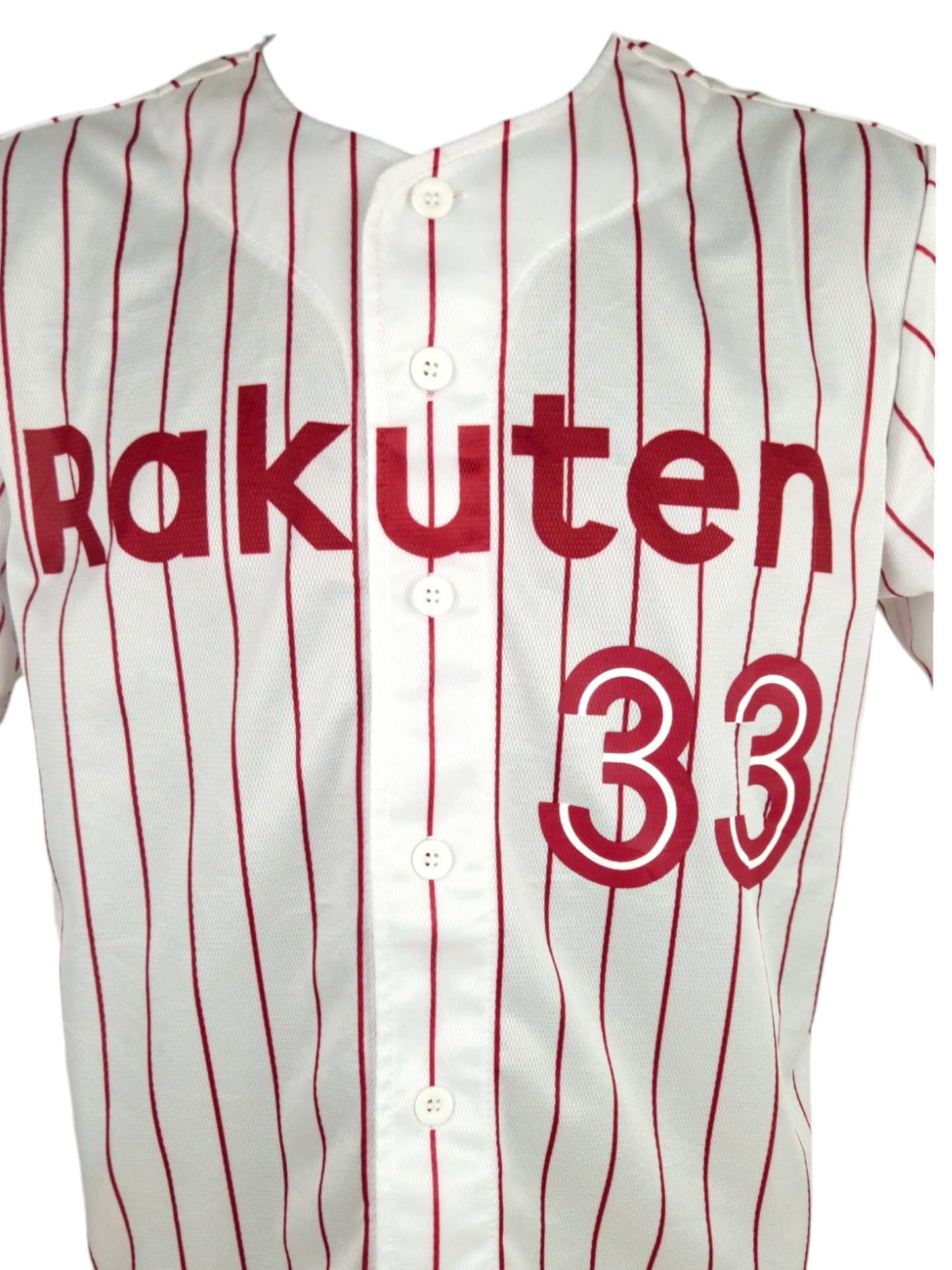 Maillot Rakuten Eagles Ginji #33 face aoom avant – blanc à rayures bordeaux