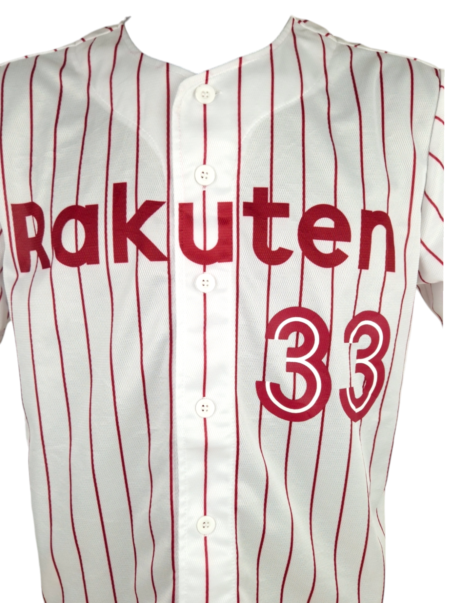 Maillot Rakuten Eagles Ginji #33 face aoom avant – blanc à rayures bordeaux